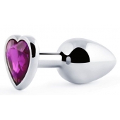 Серебристая анальная пробка с фиолетовым кристаллом-сердечком - 8 см. - Anal Jewelry Plug - купить с доставкой в Жуковском