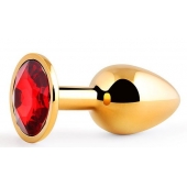 Золотистая анальная пробка с красным стразом - 7,2 см. - Anal Jewelry Plug - купить с доставкой в Жуковском