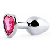 Серебристая анальная пробка с розовым кристаллом-сердечком - 7 см. - Anal Jewelry Plug - купить с доставкой в Жуковском
