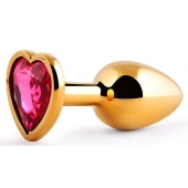 Золотистая анальная пробка с малиновым кристаллом-сердечком - 7 см. - Anal Jewelry Plug - купить с доставкой в Жуковском