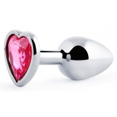 Серебристая анальная пробка с малиновым кристаллом-сердечком - 7 см. - Anal Jewelry Plug - купить с доставкой в Жуковском