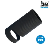 Черная открытая насадка на пенис с кольцом для мошонки XXL-size - 9,4 см. - Sex Expert - в Жуковском купить с доставкой
