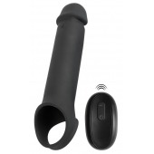 Черная вибронасадка для пениса с хомутом для мошонки и пультом ДУ Remote Controlled Penis Extension - Orion - в Жуковском купить с доставкой