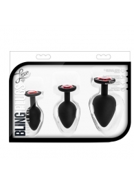 Набор черных анальных пробок с красным кристаллом-сердечком Bling Plugs Training Kit - Blush Novelties - купить с доставкой в Жуковском