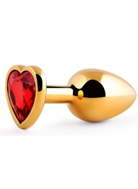 Золотистая анальная пробка с красным стразом-сердечком - 8 см. - Anal Jewelry Plug - купить с доставкой в Жуковском