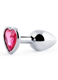 Серебристая анальная пробка с розовым кристаллом-сердечком - 7 см. - Anal Jewelry Plug - купить с доставкой в Жуковском