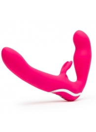 Ярко-розовый безремневой страпон Rechargeable Vibrating Strapless Strap-On - Happy Rabbit - купить с доставкой в Жуковском