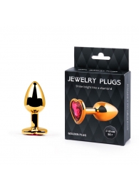 Золотистая анальная пробка с малиновым кристаллом-сердечком - 7 см. - Anal Jewelry Plug - купить с доставкой в Жуковском