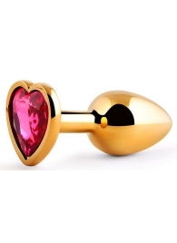 Золотистая анальная пробка с малиновым кристаллом-сердечком - 7 см. - Anal Jewelry Plug - купить с доставкой в Жуковском