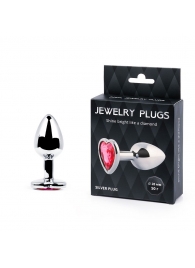 Серебристая анальная пробка с малиновым кристаллом-сердечком - 7 см. - Anal Jewelry Plug - купить с доставкой в Жуковском