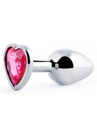 Серебристая анальная пробка с малиновым кристаллом-сердечком - 7 см. - Anal Jewelry Plug - купить с доставкой в Жуковском