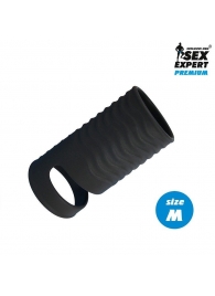 Черная открытая насадка на пенис с кольцом для мошонки size M - 7,9 см. - Sex Expert - в Жуковском купить с доставкой