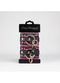 Черные кожаные наручники с розовой строчкой - Crazy Handmade - купить с доставкой в Жуковском