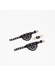 Черные кожаные наручники с клепками, кольцами и золотистой фурнитурой - Crazy Handmade - купить с доставкой в Жуковском