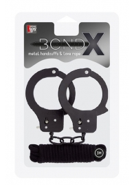 Чёрные наручники из листового металла в комплекте с веревкой BONDX METAL CUFFS LOVE ROPE SET - Dream Toys - купить с доставкой в Жуковском