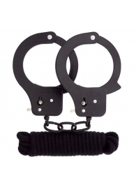 Чёрные наручники из листового металла в комплекте с веревкой BONDX METAL CUFFS LOVE ROPE SET - Dream Toys - купить с доставкой в Жуковском