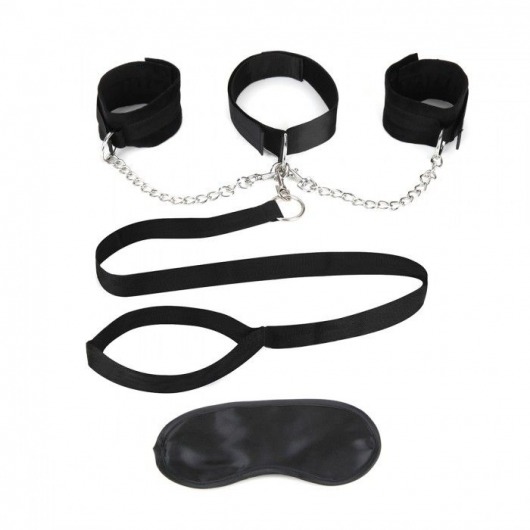 Чёрный ошейник с наручниками и поводком Collar Cuffs   Leash Set - Lux Fetish - купить с доставкой в Жуковском