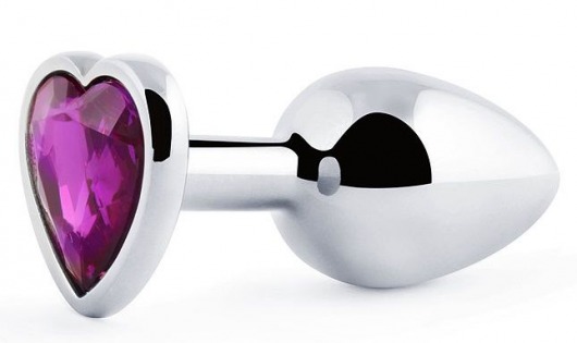 Серебристая анальная пробка с фиолетовым кристаллом-сердечком - 8 см. - Anal Jewelry Plug - купить с доставкой в Жуковском