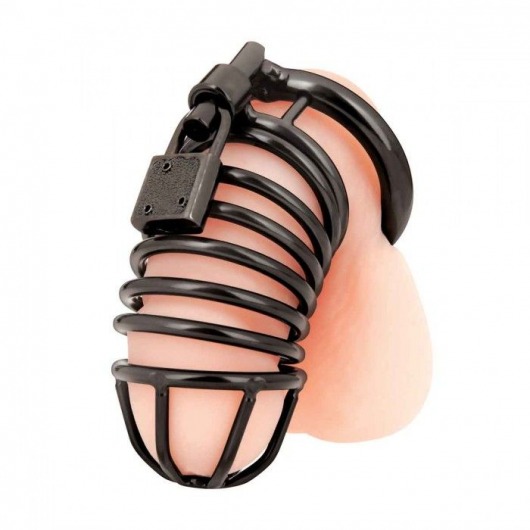 Черная металлическая клетка с замком Deluxe Chastity Cage - BlueLine - купить с доставкой в Жуковском