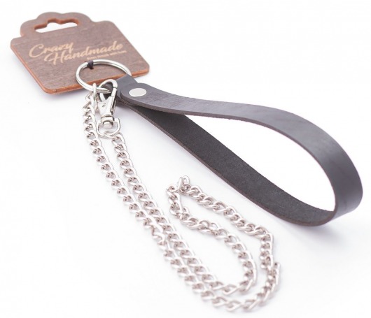 Серебристый металлический поводок с кожаной черной ручкой - 80 см. - Crazy Handmade - купить с доставкой в Жуковском