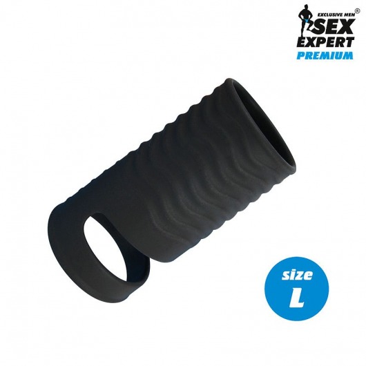 Черная открытая насадка на пенис с кольцом для мошонки L-size - 8,5 см. - Sex Expert - в Жуковском купить с доставкой