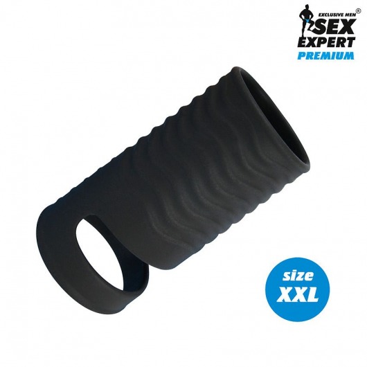 Черная открытая насадка на пенис с кольцом для мошонки XXL-size - 9,4 см. - Sex Expert - в Жуковском купить с доставкой