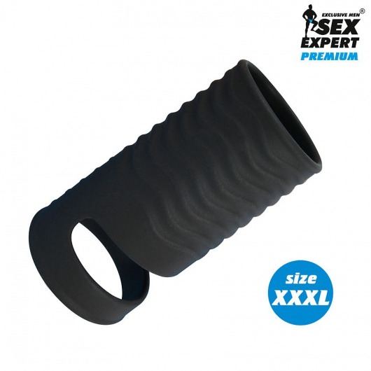 Черная открытая насадка на пенис с кольцом для мошонки XXXL-size - 9,9 см. - Sex Expert - в Жуковском купить с доставкой