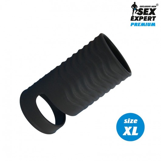 Черная открытая насадка на пенис с кольцом для мошонки XL-size - 8,9 см. - Sex Expert - в Жуковском купить с доставкой