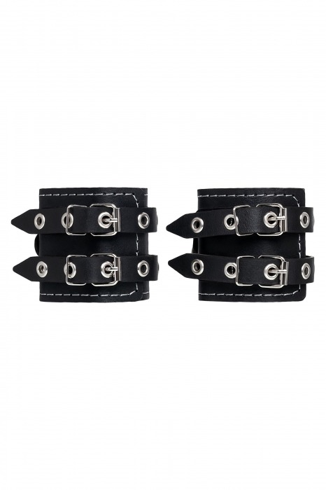 Черные кожаные наручники с двумя ремнями и красной подкладкой - Pecado - купить с доставкой в Жуковском