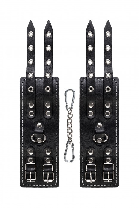 Черные кожаные наручники с двумя ремнями и красной подкладкой - Pecado - купить с доставкой в Жуковском