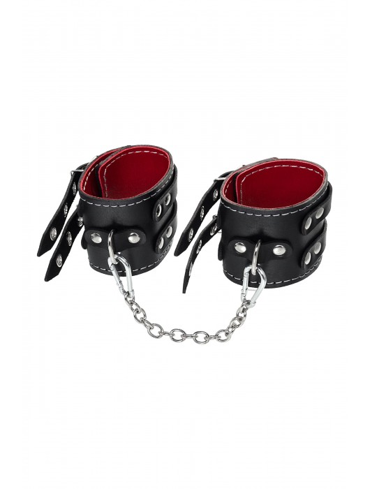Черные кожаные оковы с двумя ремнями и красной подкладкой - Pecado - купить с доставкой в Жуковском