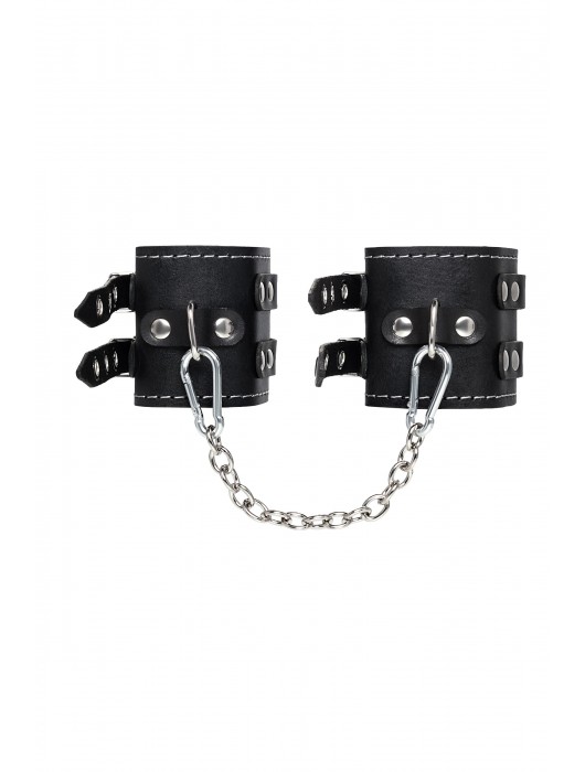 Черные кожаные оковы с двумя ремнями и красной подкладкой - Pecado - купить с доставкой в Жуковском