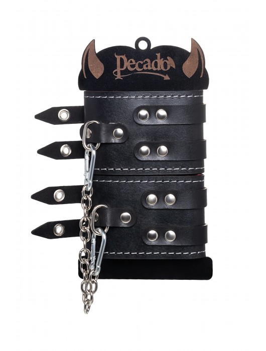 Черные кожаные оковы с двумя ремнями и красной подкладкой - Pecado - купить с доставкой в Жуковском