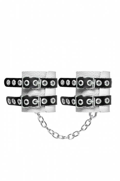 Бело-черные наручники с двумя ремешками и люверсами - Pecado - купить с доставкой в Жуковском