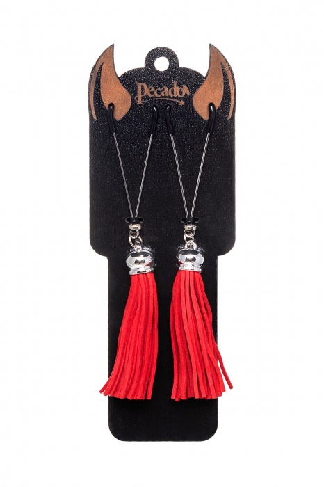 Зажимы на соски «Вилки» с красными кисточками из замши - Pecado - купить с доставкой в Жуковском