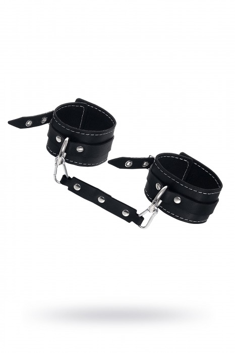 Черные двухслойные кожаные оковы с белой строчкой - Pecado - купить с доставкой в Жуковском
