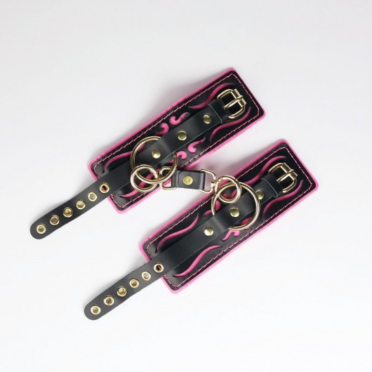 Черные кожаные наручники с розовой строчкой - Crazy Handmade - купить с доставкой в Жуковском