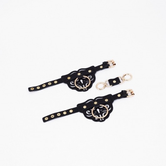 Черные кожаные наручники с клепками, кольцами и золотистой фурнитурой - Crazy Handmade - купить с доставкой в Жуковском