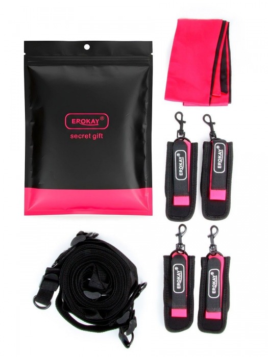 Черно-розовый эротический набор: фиксатор, оковы, наручники, повязка - Erokay - купить с доставкой в Жуковском
