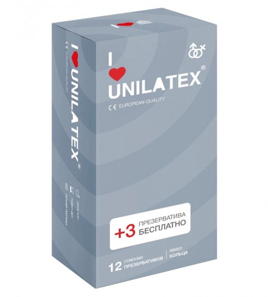 Презервативы с рёбрами Unilatex Ribbed - 12 шт. + 3 шт. в подарок - Unilatex - купить с доставкой в Жуковском