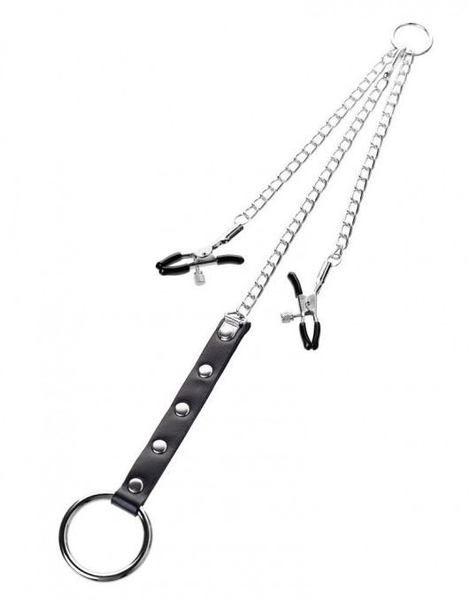 Серебристо-чёрные зажимы для сосков с кольцом для пениса TOYFA Metal - ToyFa - купить с доставкой в Жуковском